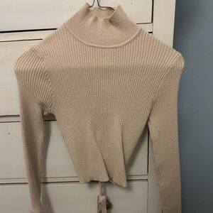 Beige Ribbed Turtleneck Sweater